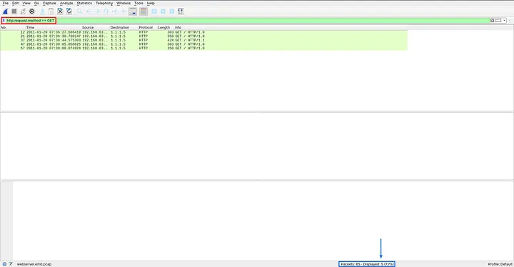 Wireshark filtered to GET requests, status bar showing 5 of 65 packets displayed