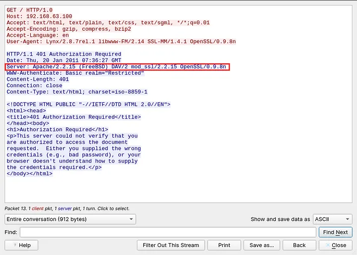 Follow HTTP Stream view highlighting the Server response header