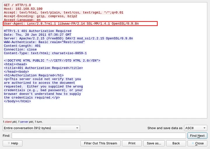Follow HTTP Stream view highlighting the client's User-Agent request header