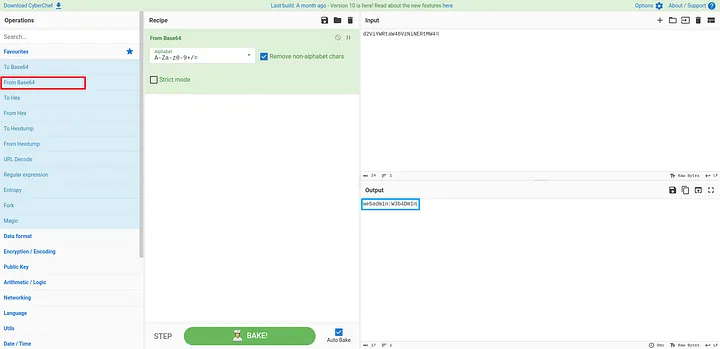CyberChef decoding the Base64 Authorization string to reveal plaintext username and password